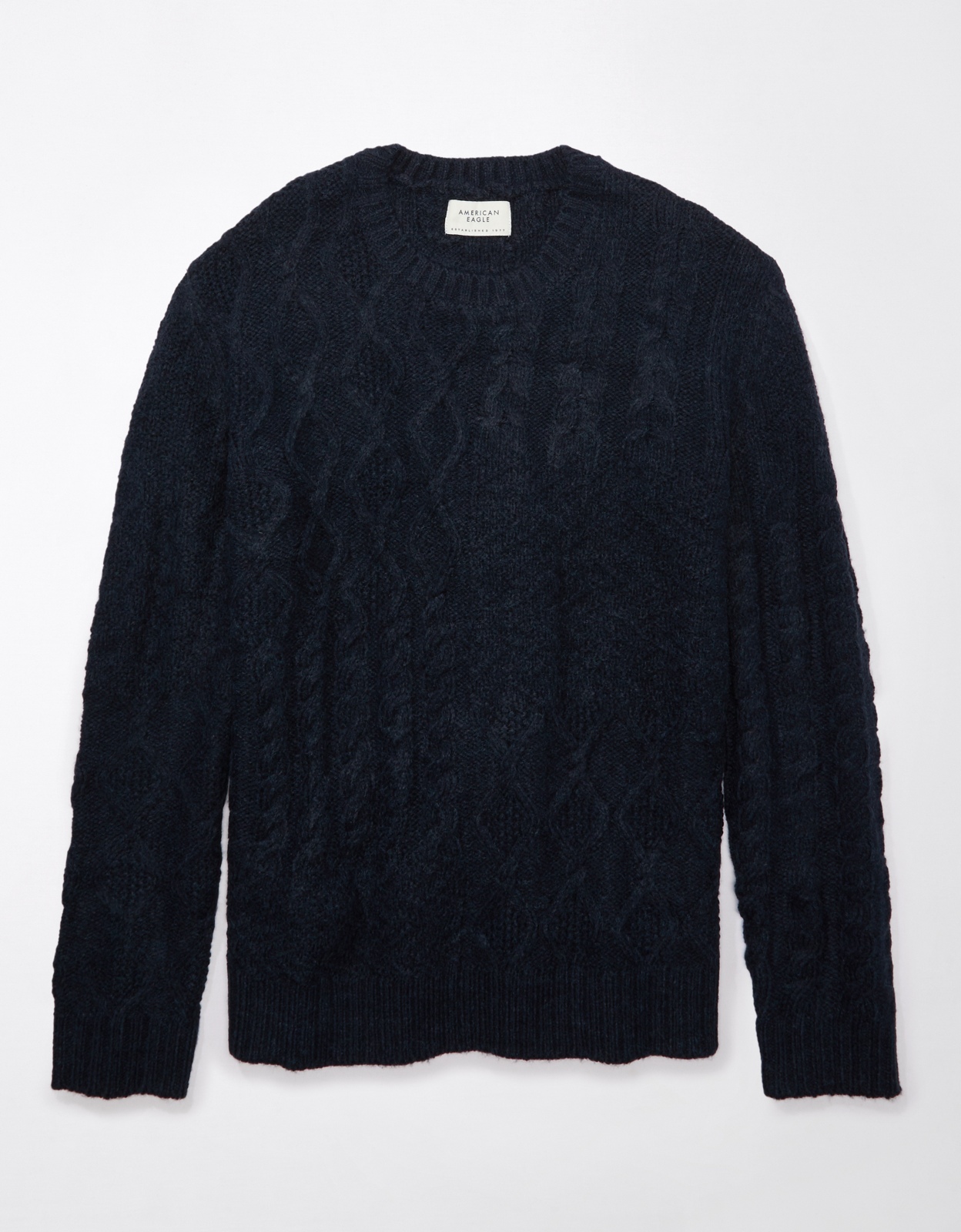 Buy AE Super Soft Patchwork Cable Knit Crewneck Sweater online American Eagle Outfitters